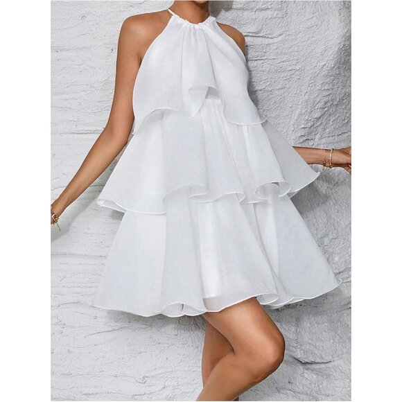 Women's Summer Casual Sleeveless Ruffle Tiered Swing Mini Dress Large - Picture 4 of 6